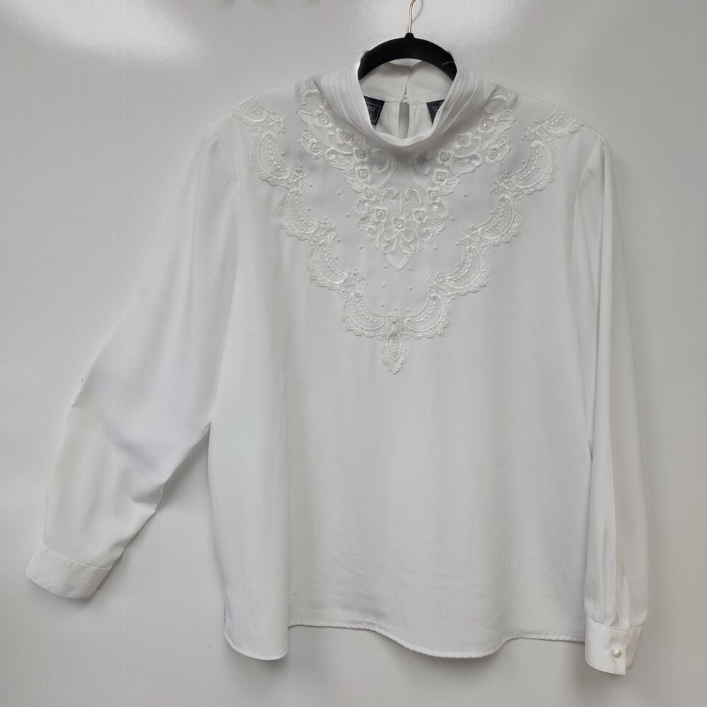 Laura Scott Shirt Womens 18 White Mock Neck Beaded Embroidered Long Sleeve Top